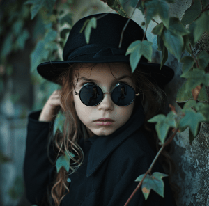 Maggie dressed in black pretending to be a spy