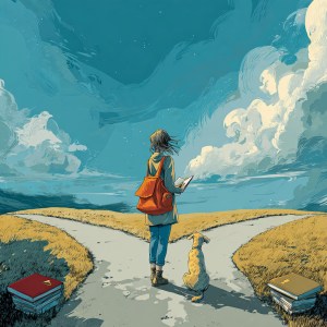 woman standing at a crossroads with books and a dog